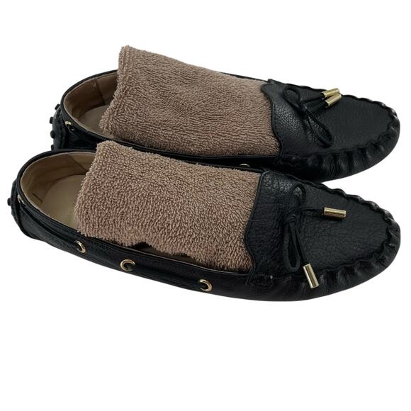 Cole Hahn Black Leather Driving Loafers Moccasins Tie Gold Details Size 8.5 - Picture 1 of 9